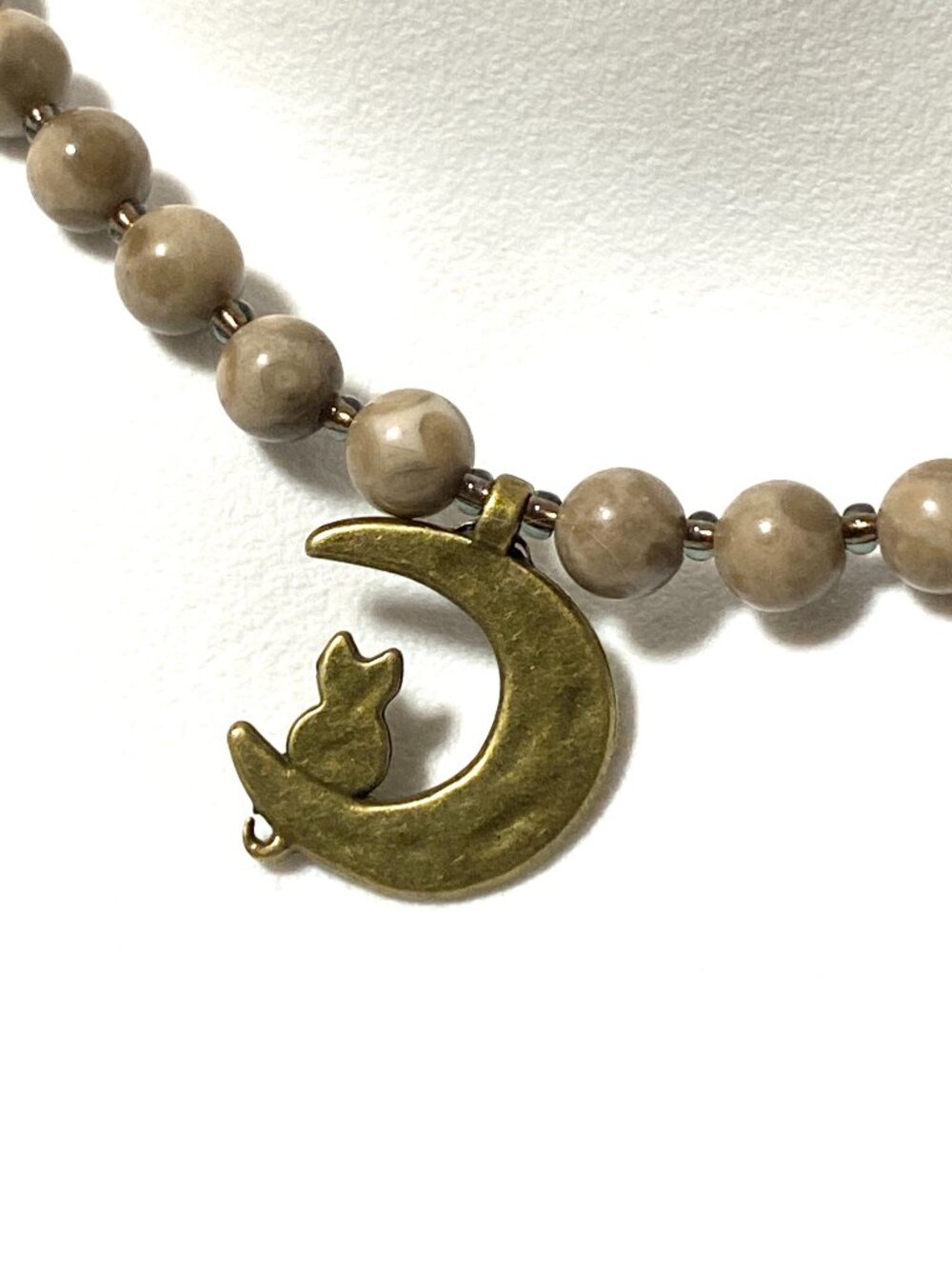 Light Brown Agate Short Necklace, Gemstone & Bronze Cat on the Moon Pendant